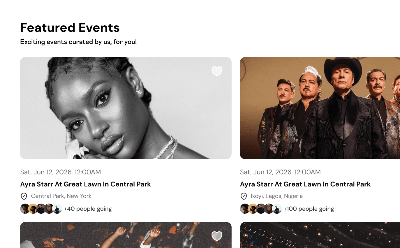 Featured events listing on Tramango